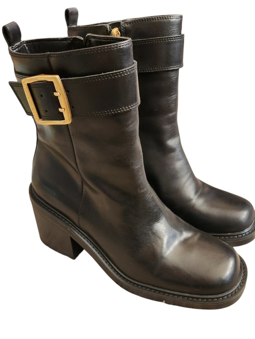 Vince Camuto Bembonie Black Leather Block Heel Ankle Boots Size 10M Moto Style